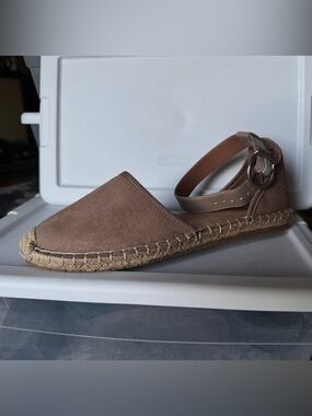 Suede Espadrille Sandal in Taupe with Ankle Strap